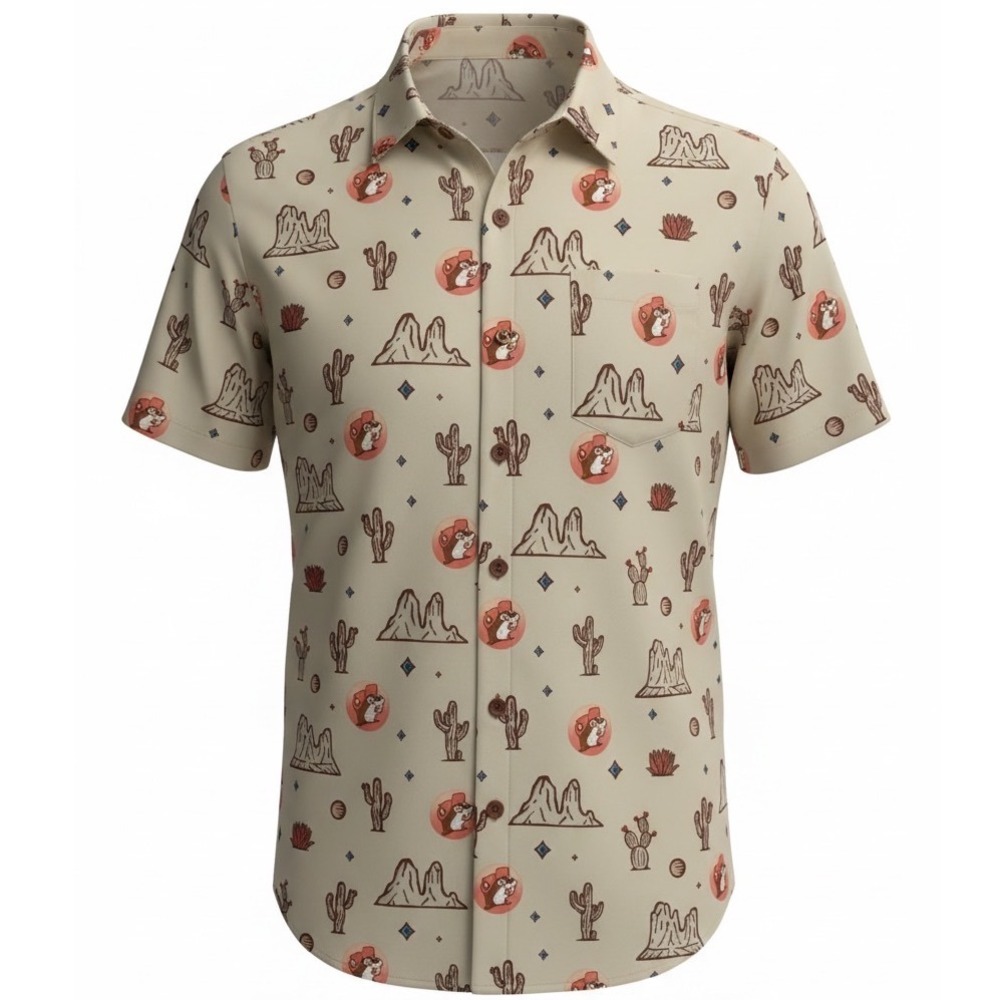 Buc-ees Mens 4XL Tan Desert Cactus & Beaver Print S/S Button Up Shirt (V18)